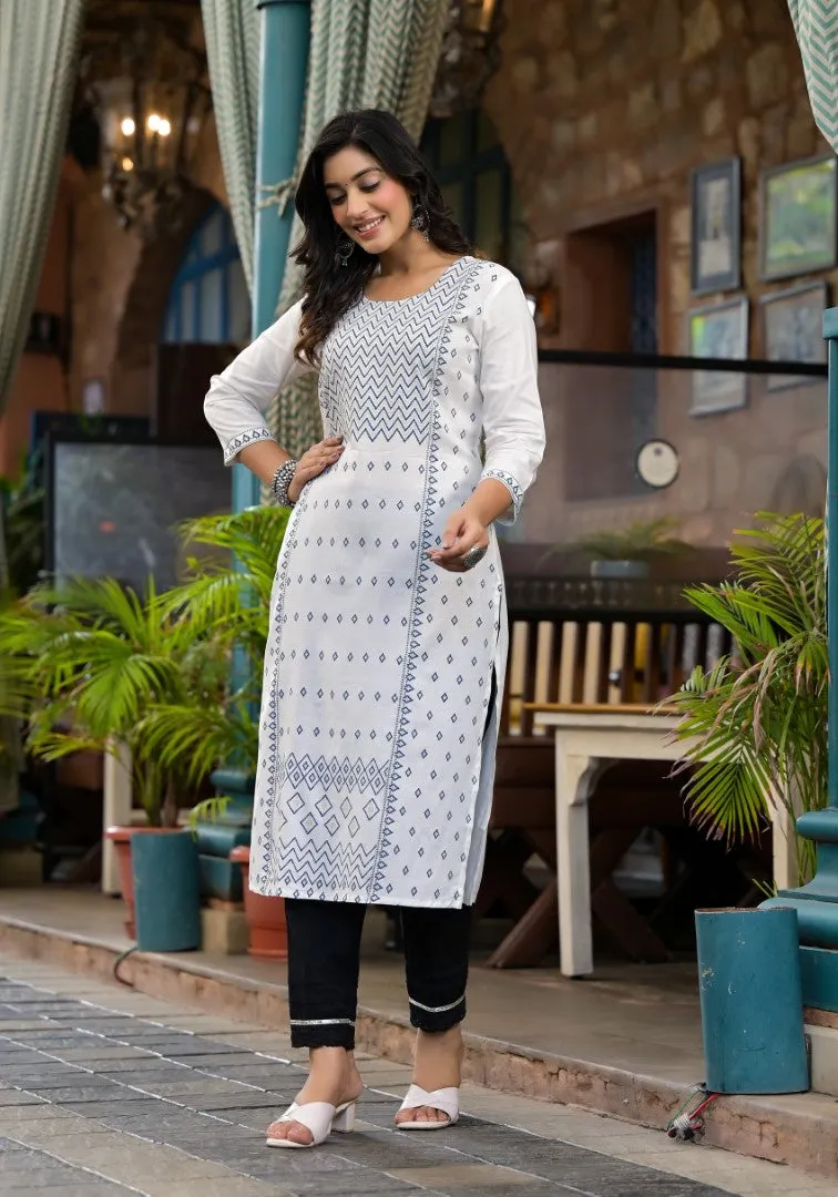 White Ethnic Motif Printed Rayon Kurta With Straight Hemline