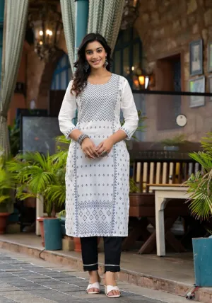 White Ethnic Motif Printed Rayon Kurta With Straight Hemline