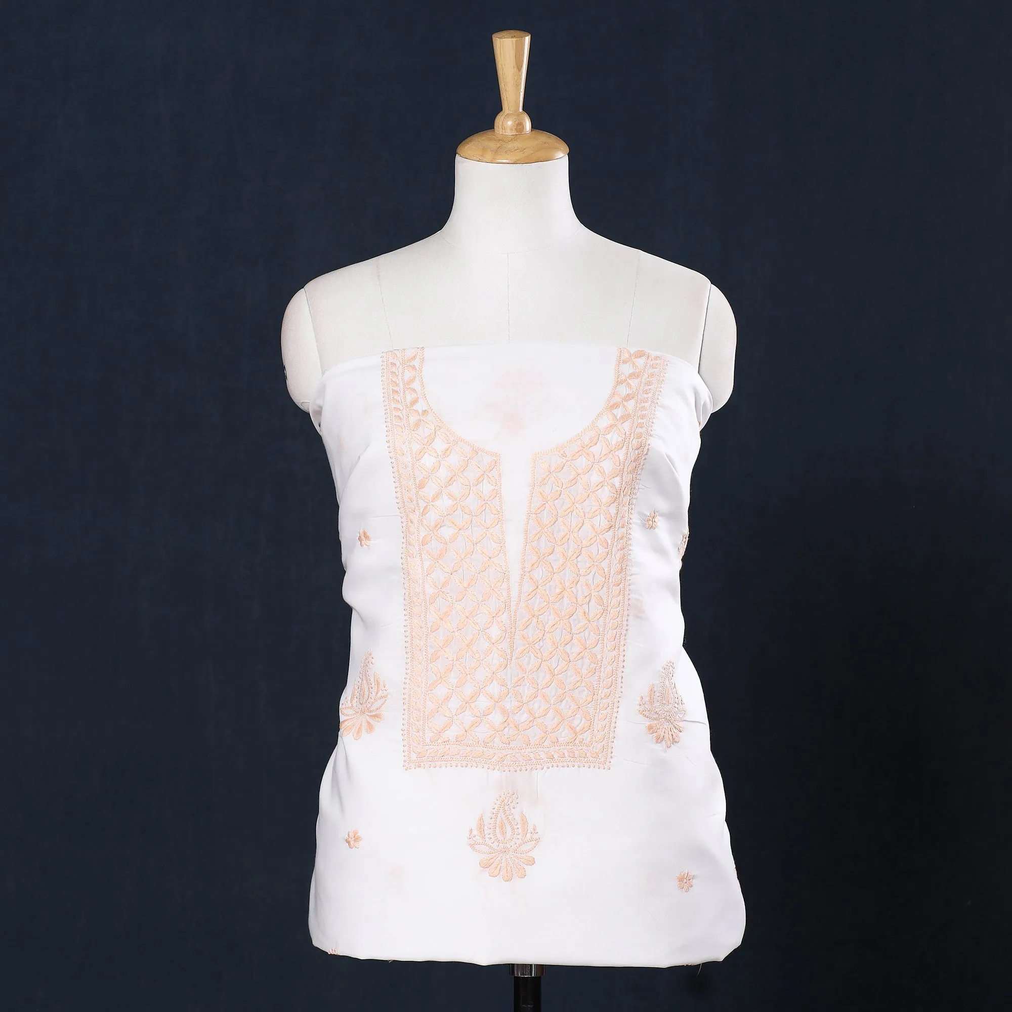 White - Lucknow Chikankari Hand Embroidery Chanderi Silk Kurta Material - 3 Meter