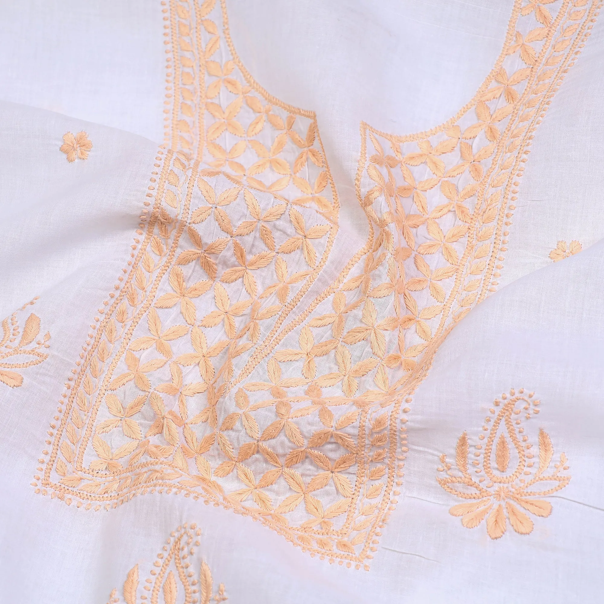 White - Lucknow Chikankari Hand Embroidery Chanderi Silk Kurta Material - 3 Meter