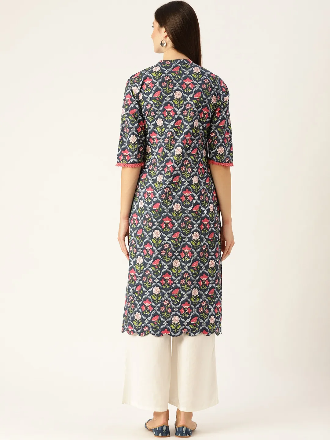 Women Blue Calf Length Three-Quarter Sleeves Straight Floral Printed Cotton Kurta
