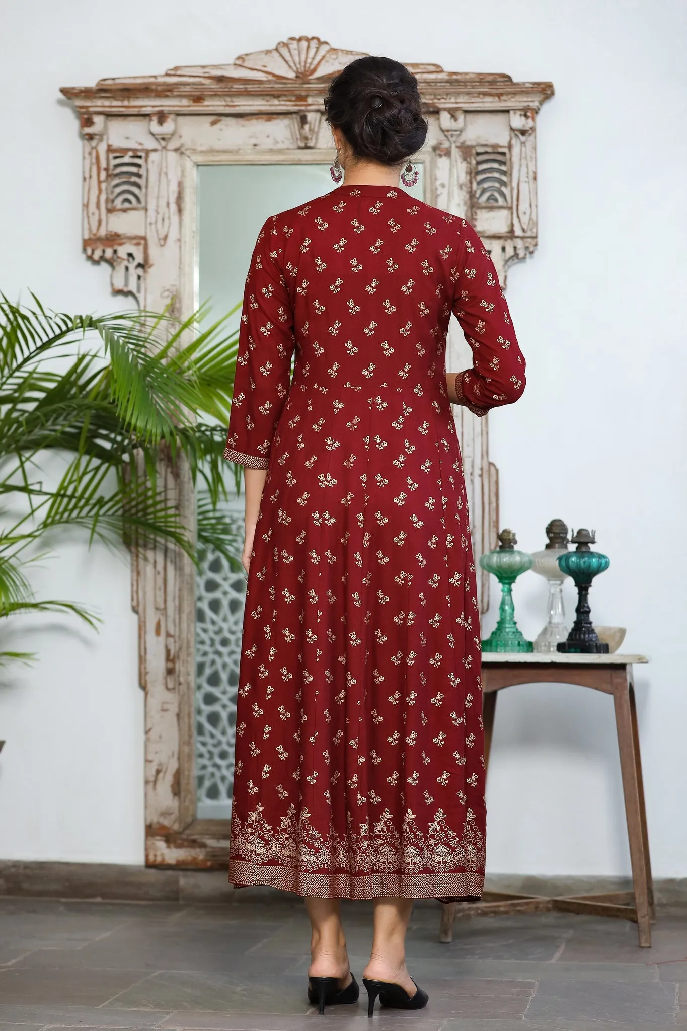Women Maroon & Gold Floral Printed Dress