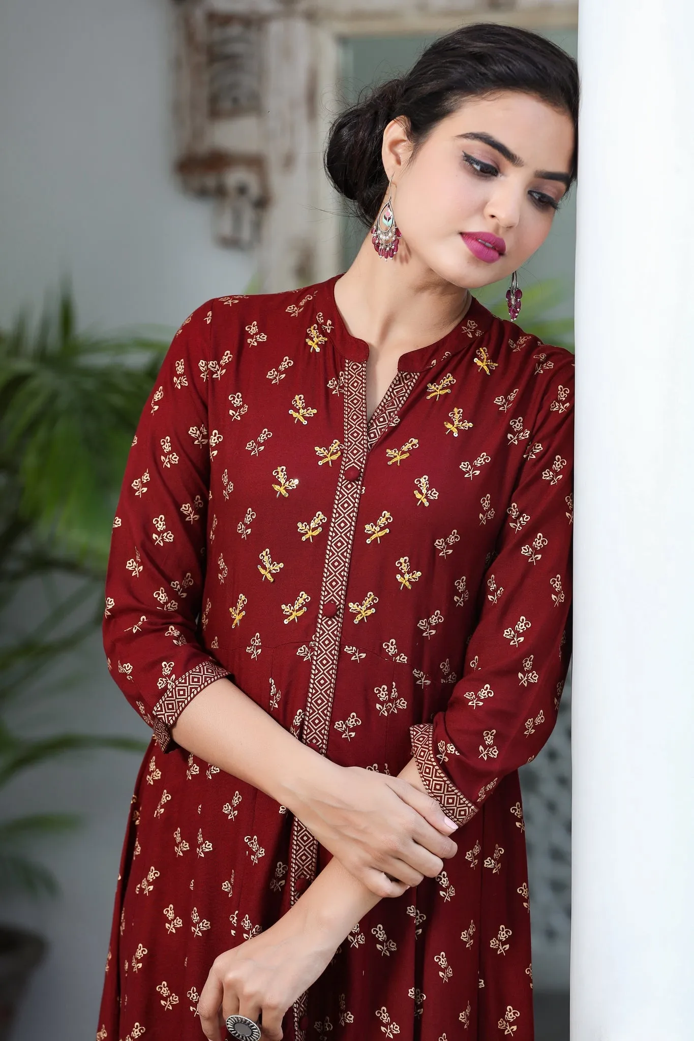 Women Maroon & Gold Floral Printed Dress