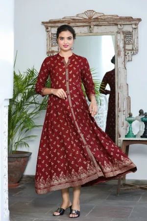 Women Maroon & Gold Floral Printed Dress