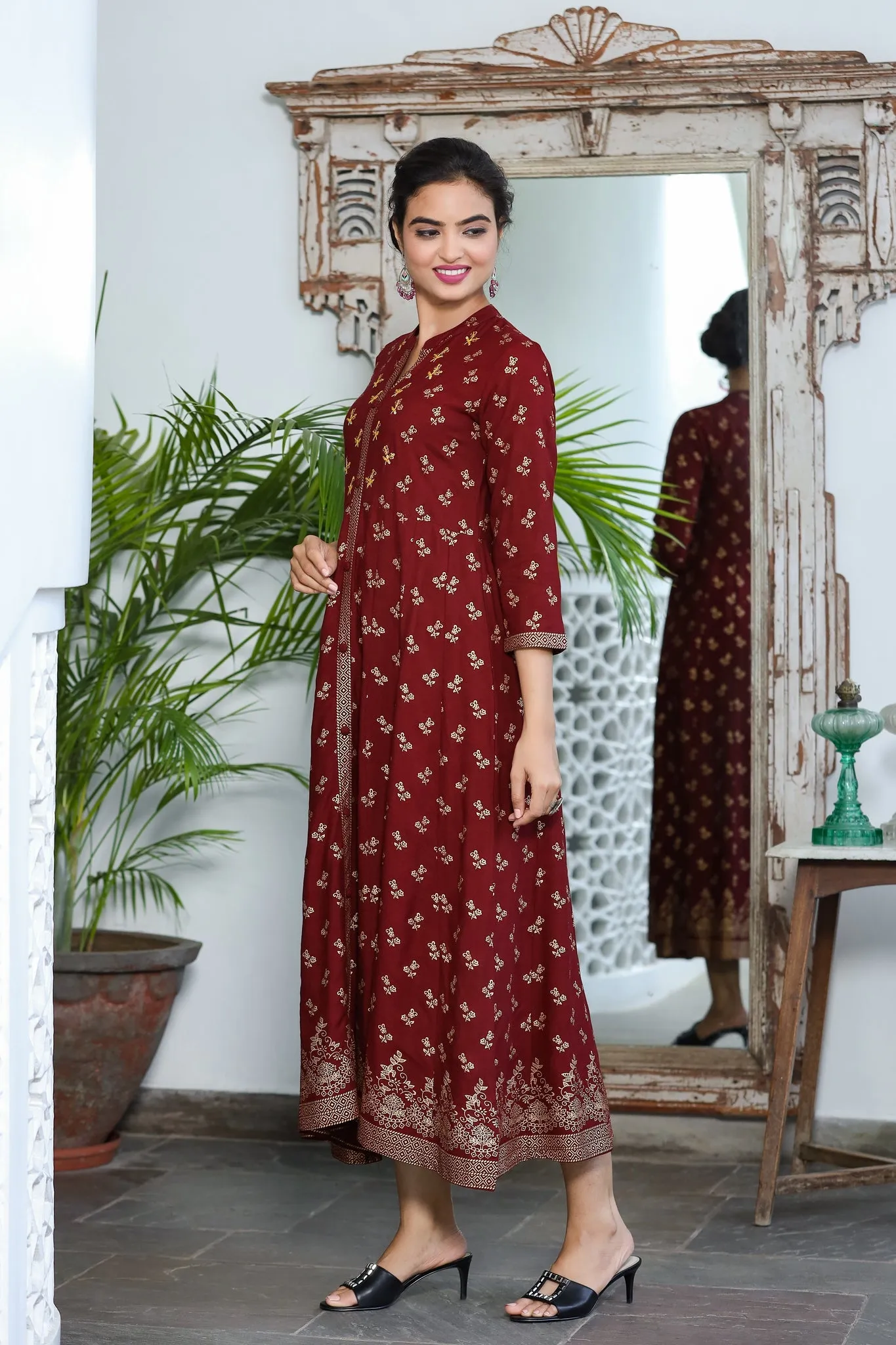 Women Maroon & Gold Floral Printed Dress