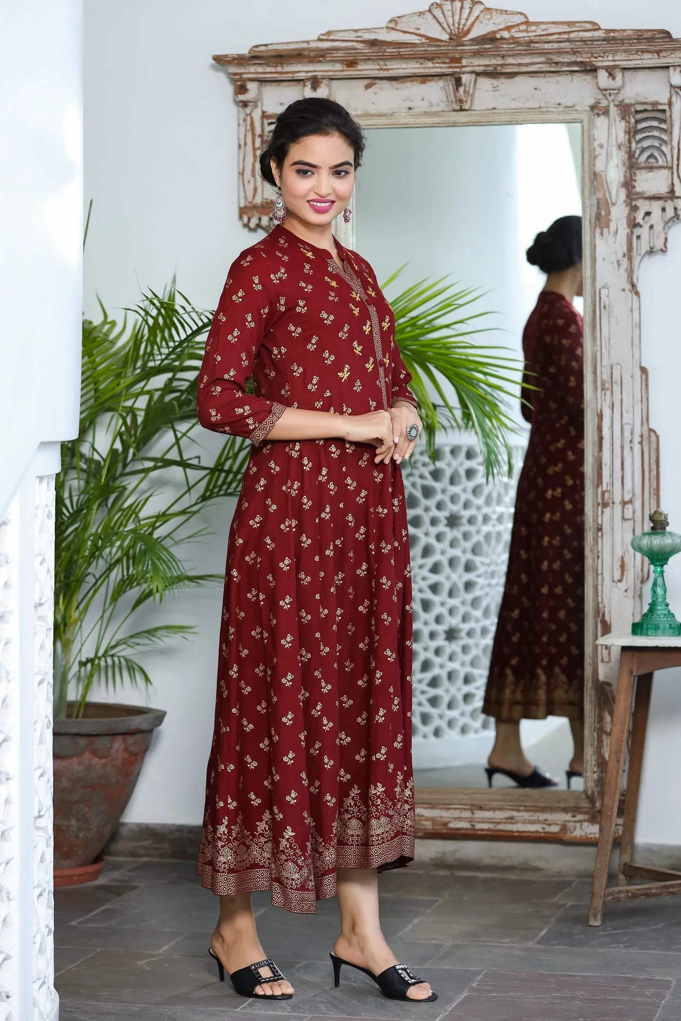 Women Maroon & Gold Floral Printed Dress