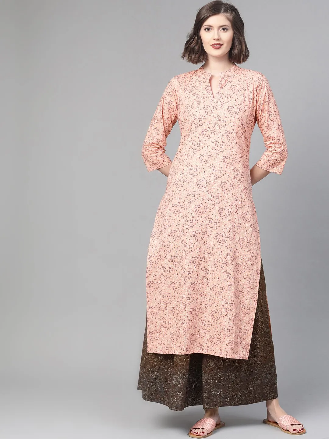 Women Peach & Purple Straight Floral Printed Kurta And Skirt Set