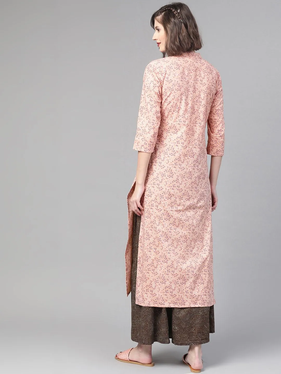 Women Peach & Purple Straight Floral Printed Kurta And Skirt Set