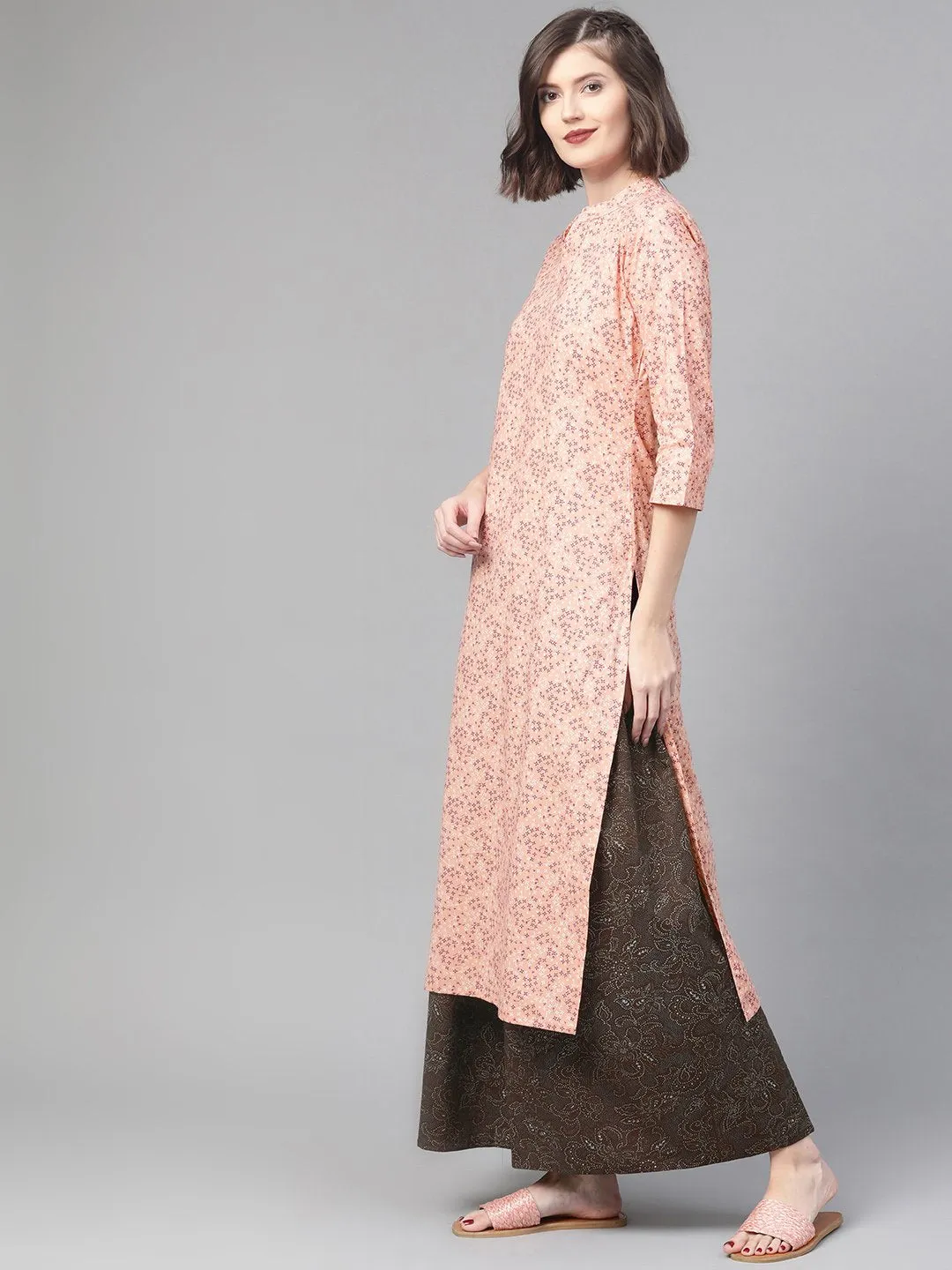 Women Peach & Purple Straight Floral Printed Kurta And Skirt Set