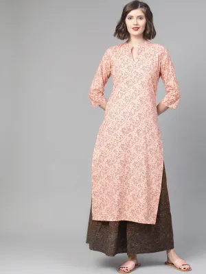 Women Peach & Purple Straight Floral Printed Kurta And Skirt Set