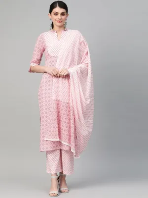 Women Pink & White Straight Geometric Printed Kurta And Palazzos Set