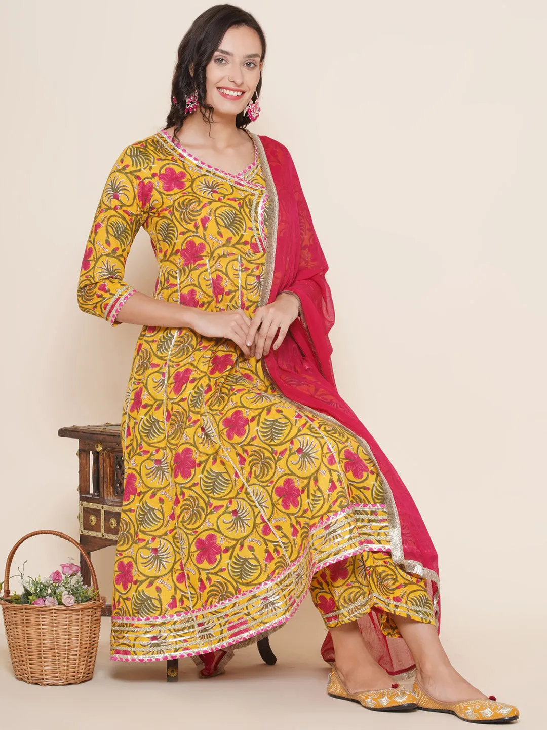 Yellow Pink Cotton Printed Anarkali Angrakha Kurta set For Women & Flared Sharara Kurta Set For Girl