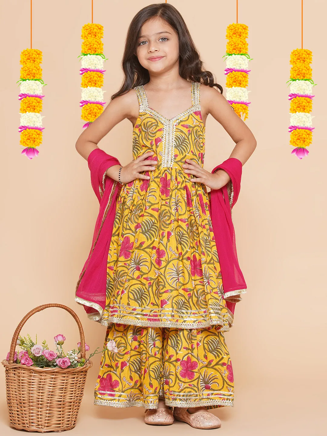 Yellow Pink Cotton Printed Anarkali Angrakha Kurta set For Women & Flared Sharara Kurta Set For Girl