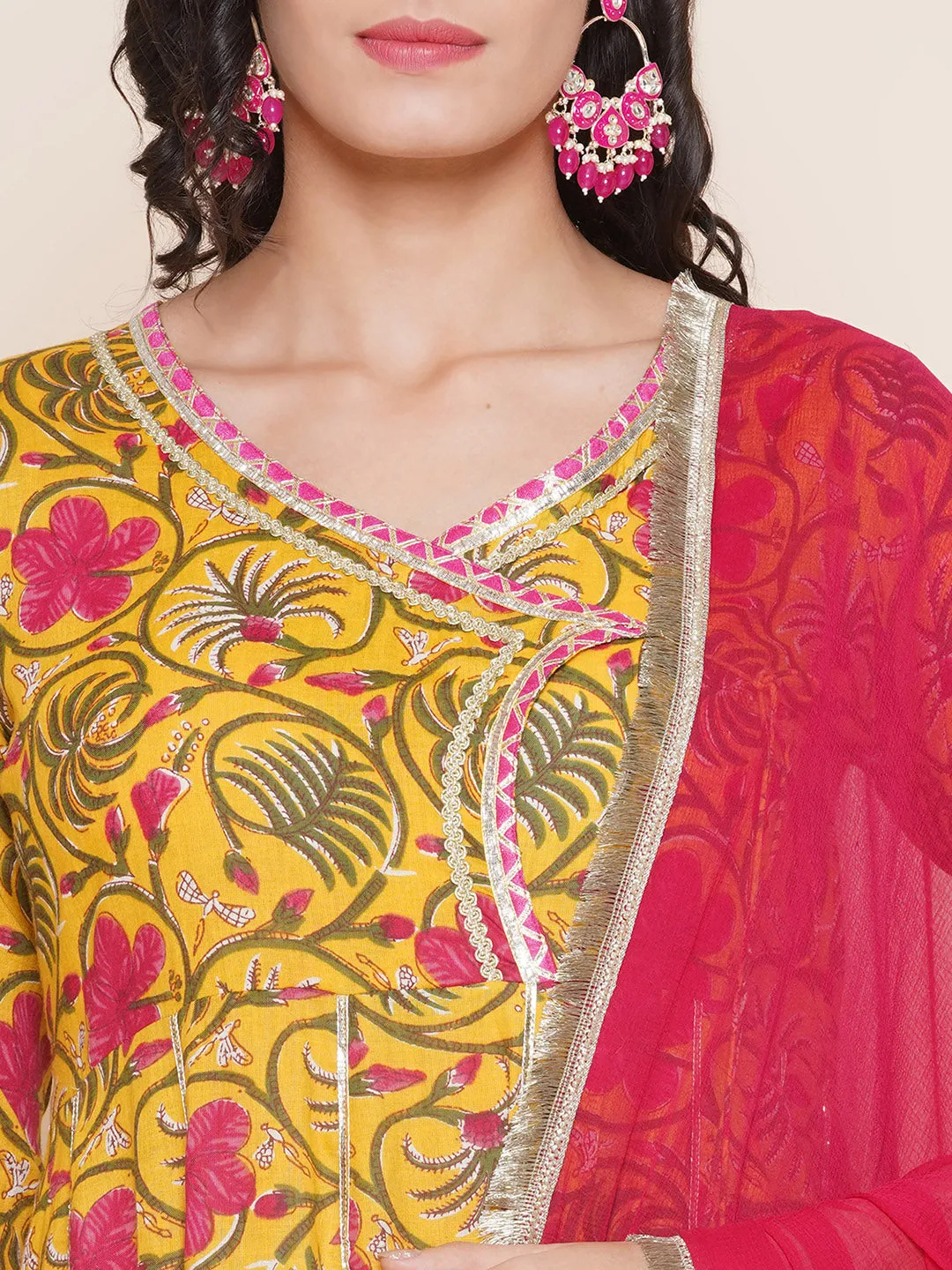 Yellow Pink Cotton Printed Anarkali Angrakha Kurta set For Women & Flared Sharara Kurta Set For Girl