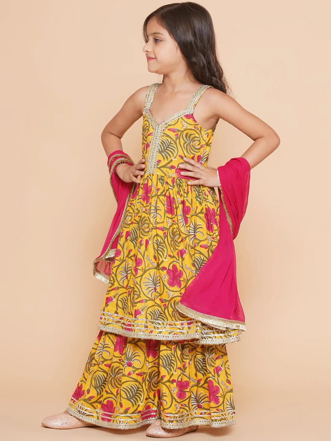 Yellow Pink Cotton Printed Anarkali Angrakha Kurta set For Women & Flared Sharara Kurta Set For Girl