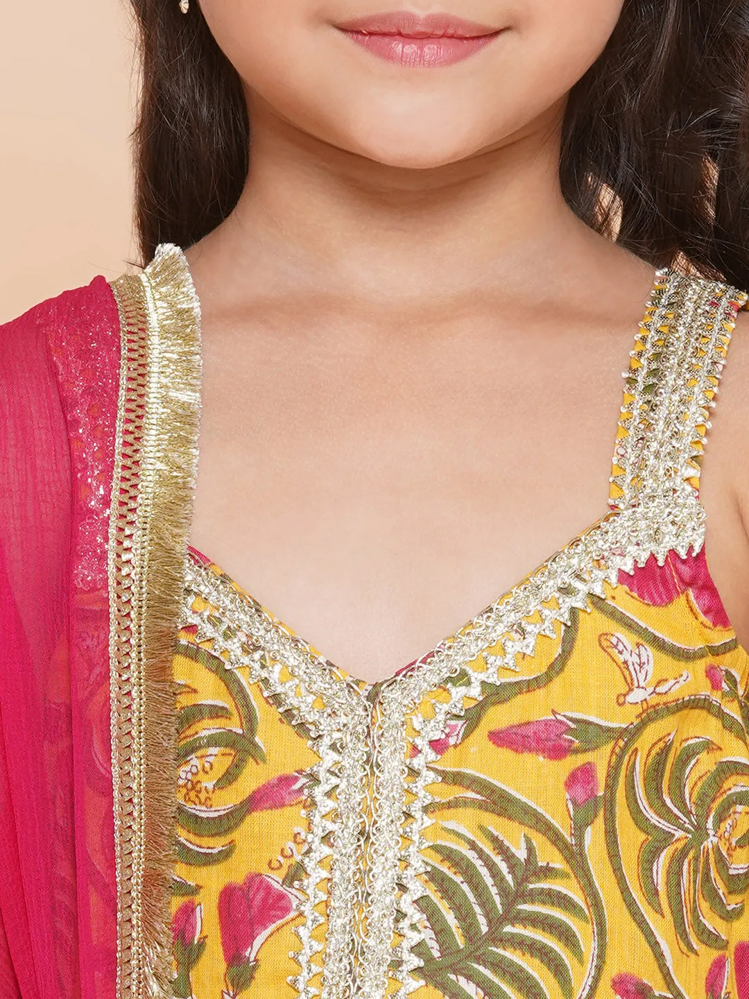 Yellow Pink Cotton Printed Anarkali Angrakha Kurta set For Women & Flared Sharara Kurta Set For Girl