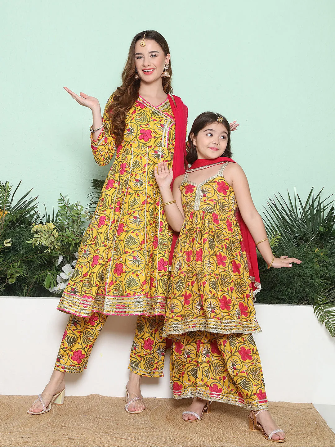 Yellow Pink Cotton Printed Anarkali Angrakha Kurta set For Women & Flared Sharara Kurta Set For Girl