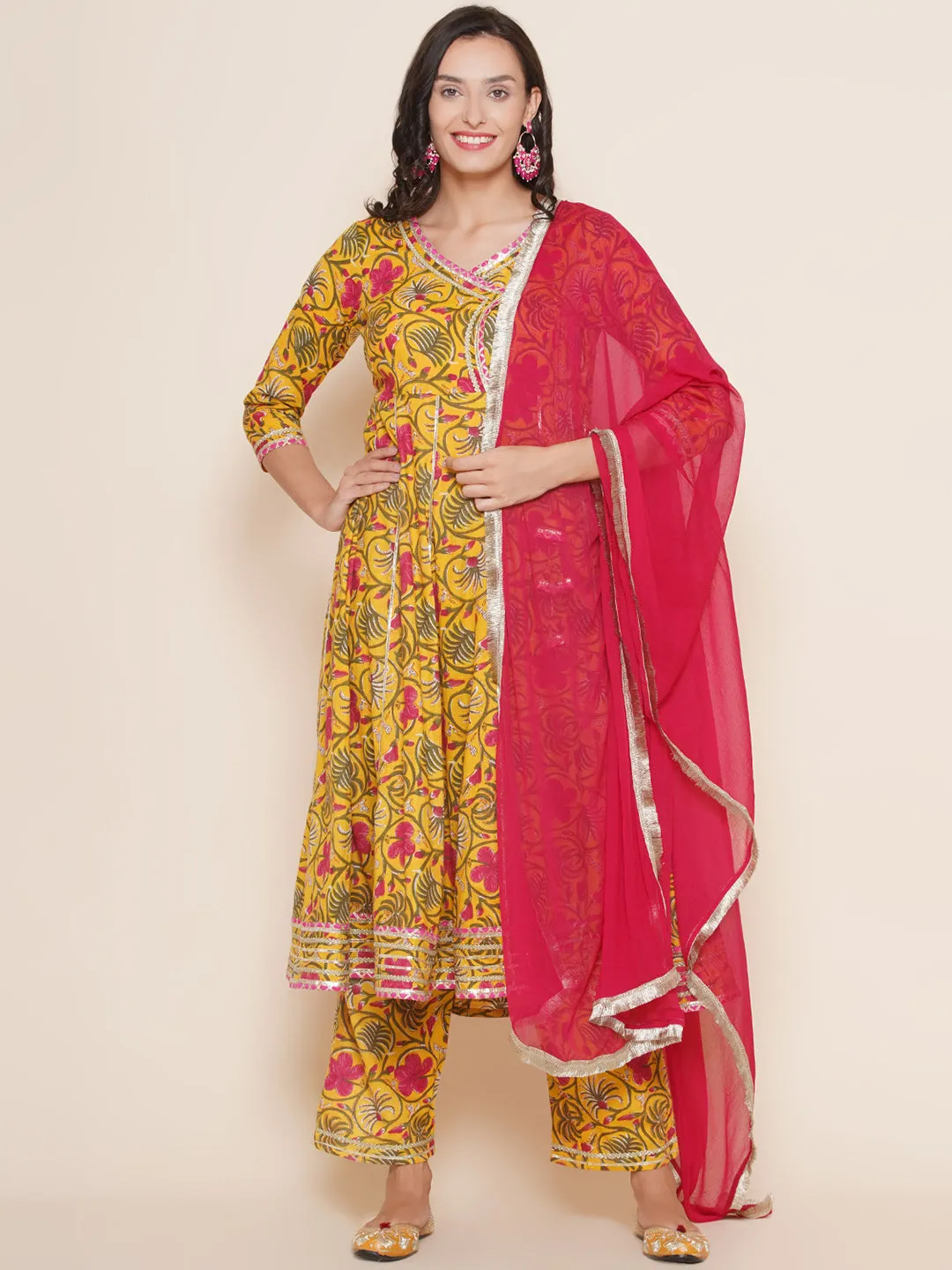 Yellow Pink Cotton Printed Anarkali Angrakha Kurta set For Women & Flared Sharara Kurta Set For Girl