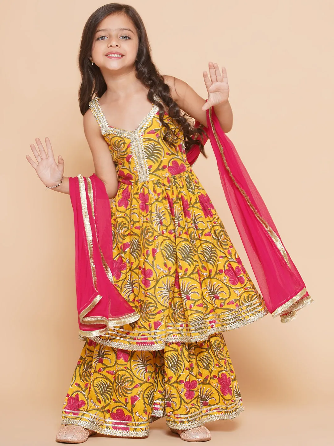 Yellow Pink Cotton Printed Anarkali Angrakha Kurta set For Women & Flared Sharara Kurta Set For Girl
