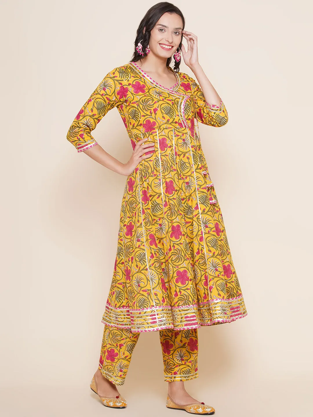 Yellow Pink Cotton Printed Anarkali Angrakha Kurta set For Women & Flared Sharara Kurta Set For Girl