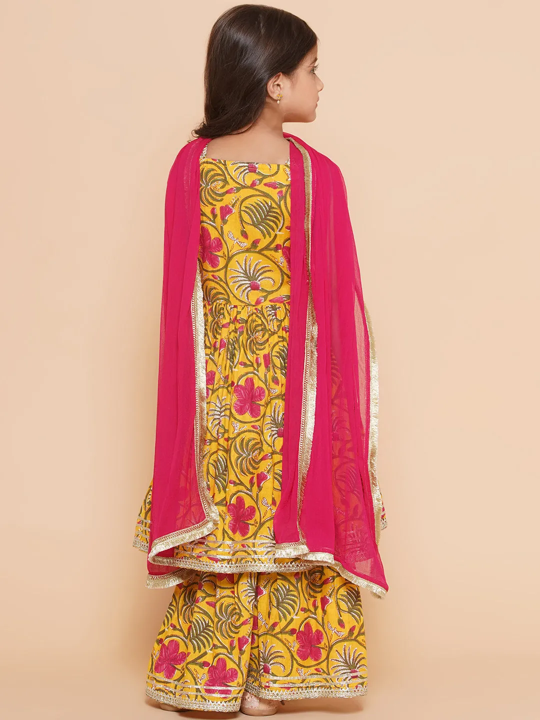 Yellow Pink Cotton Printed Anarkali Angrakha Kurta set For Women & Flared Sharara Kurta Set For Girl