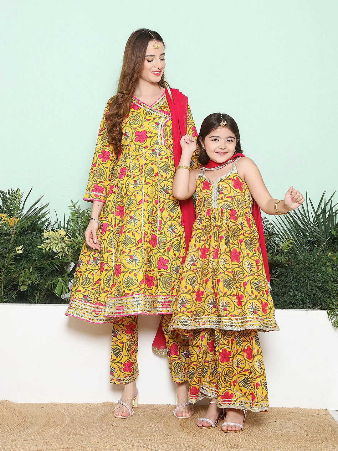 Yellow Pink Cotton Printed Anarkali Angrakha Kurta set For Women & Flared Sharara Kurta Set For Girl