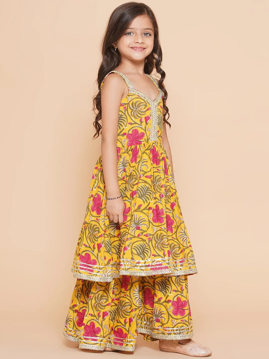 Yellow Pink Cotton Printed Anarkali Angrakha Kurta set For Women & Flared Sharara Kurta Set For Girl
