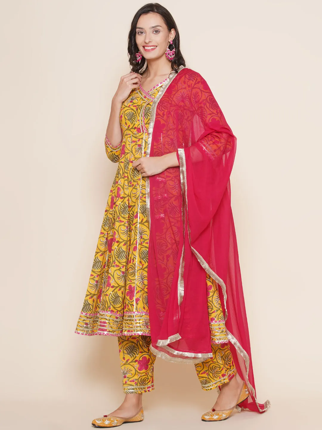 Yellow Pink Cotton Printed Anarkali Angrakha Kurta set For Women & Flared Sharara Kurta Set For Girl