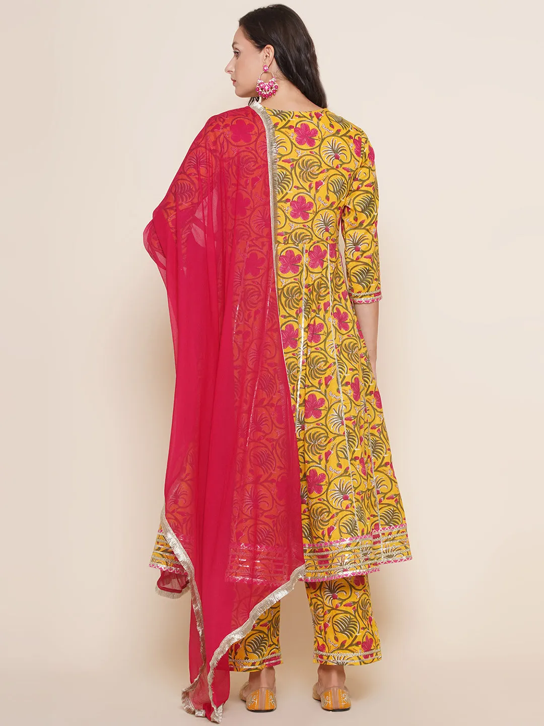 Yellow Pink Cotton Printed Anarkali Angrakha Kurta set For Women & Flared Sharara Kurta Set For Girl