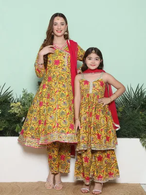 Yellow Pink Cotton Printed Anarkali Angrakha Kurta set For Women & Flared Sharara Kurta Set For Girl