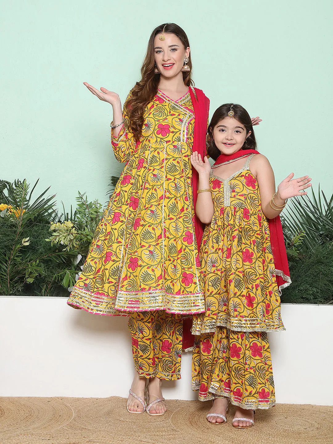 Yellow Pink Cotton Printed Anarkali Angrakha Kurta set For Women & Flared Sharara Kurta Set For Girl