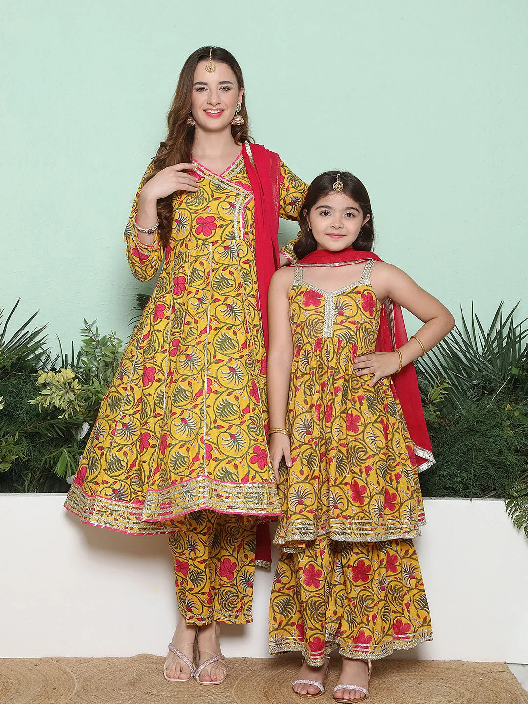 Yellow Pink Cotton Printed Anarkali Angrakha Kurta set For Women & Flared Sharara Kurta Set For Girl