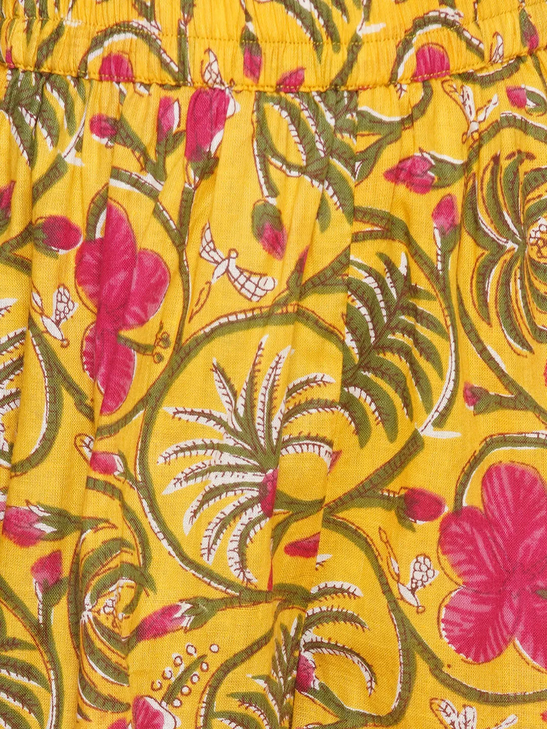 Yellow Pink Cotton Printed Anarkali Angrakha Kurta set For Women & Flared Sharara Kurta Set For Girl